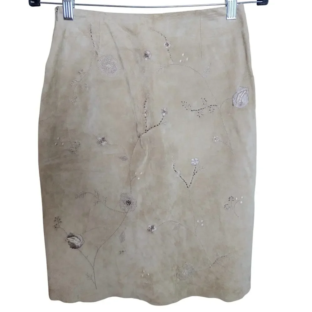 Vintage Y2K Suede Embroidered Floral Pencil Skirt Beige Beaded Leather Skirt 0